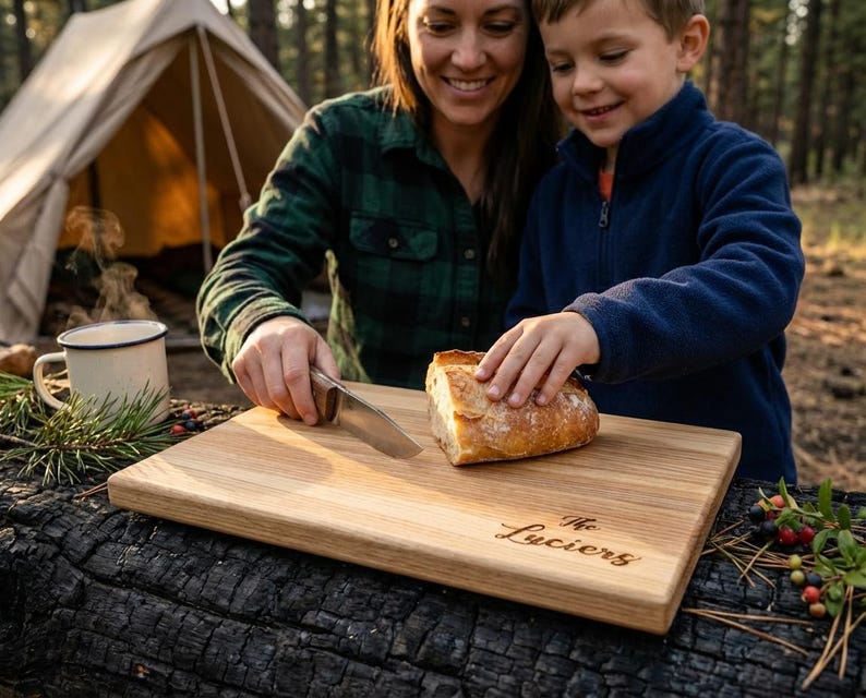 A woman and a young boy are preparing food together, with the woman cutting bread on a wooden cutting board. The cutting board has the name "The Luciers" engraved on it.