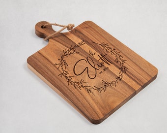 Custom Engraved Cutting Board with Handle - Personalized Gift for Weddings and Mothers Day - Kitchen Decor