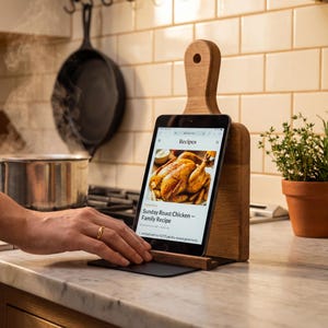 A person's hand is holding a tablet device displaying a recipe for Sunday roast chicken, placed on a wooden stand on a kitchen counter.