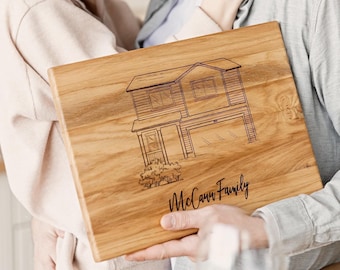 Custom Cutting Board, Personalized Anniversary Gift for Parents, Custom House Portrait, Sentimental Family Home Sketch, Wood Art