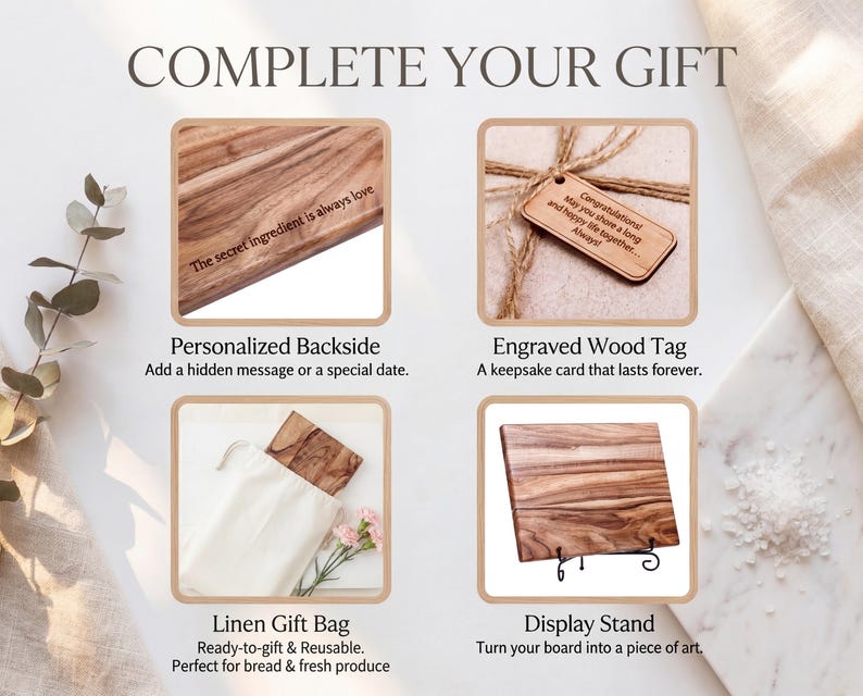 The image is a collage of four photos showcasing different wooden gift items, including a personalized backside, an engraved wood tag, a linen gift bag, and a display stand.