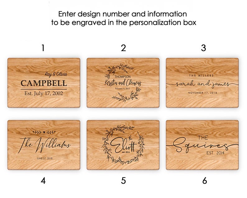 six wooden boards with personalized designs engraved on them. The boards display names and dates, such as "Ray & Oliva Campbell Est. July 17, 2002", "The Millers Sarah and James November 17, 2018", and "The Williams Ellett Est. July 27, 2018". The boards are arranged in a grid format, with each row containing three boards.