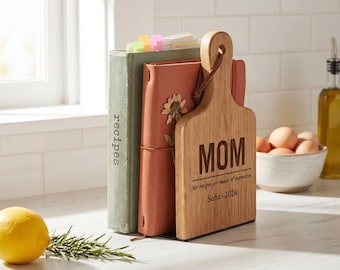 Wooden Kitchen Bookends — Cookbook Holder & Magnetic Tablet Stand, Personalized Gift for Mom, Solid Oak and Walnut