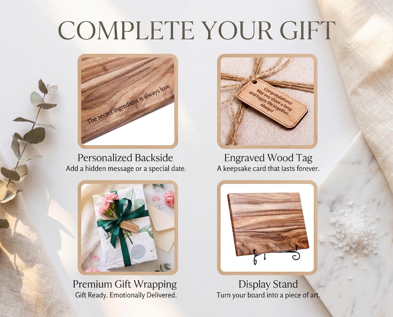 The image is a collage of four different gift wrapping options, each with a unique feature: personalized backside, engraved wood tag, premium gift wrapping, and a display stand.