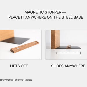 The image is a collage of two images, one showing a wooden block with a magnet and the other showing a metal base with a magnet. The text provides instructions on how to use the magnetic stopper, with options to place it on a steel base or slide it anywhere.