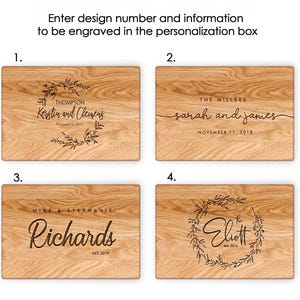 four wooden cutting boards with personalized engravings on them. The engravings include names and dates, such as "Thomson and Clewes February 6, 2017", "The Witnesses Sarah and James November 17, 2018", "Mike & Stephanie Richards EST. 2019", and "Elott Est. 2016". The cutting boards are arranged in a grid format, with each board having a unique design and inscription.