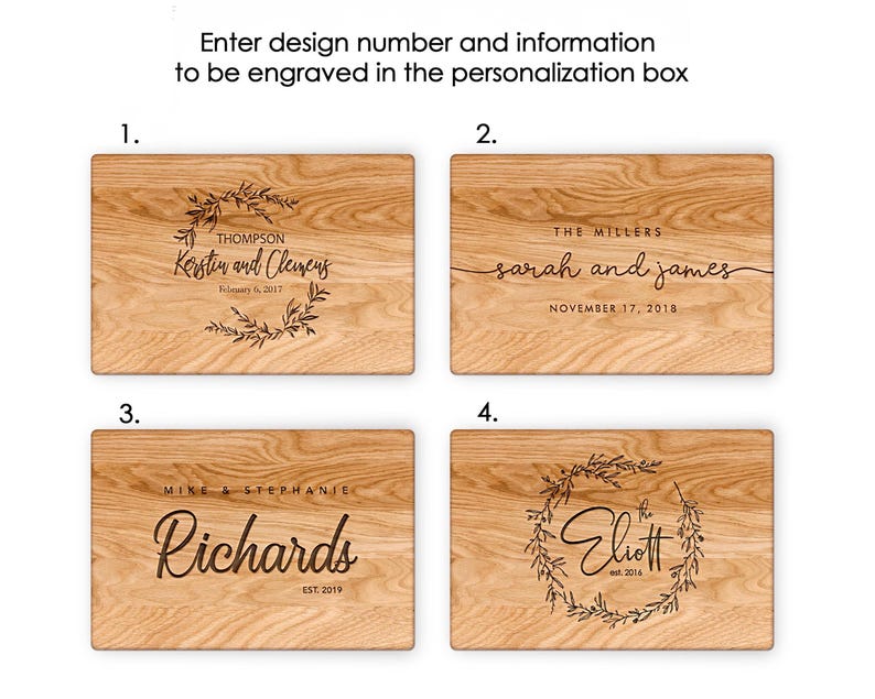 four wooden cutting boards with personalized engravings on them. The engravings include names and dates, such as "Thomson and Clewes February 6, 2017", "The Witnesses Sarah and James November 17, 2018", "Mike & Stephanie Richards EST. 2019", and "Elott Est. 2016". The cutting boards are arranged in a grid format, with each board having a unique design and inscription.