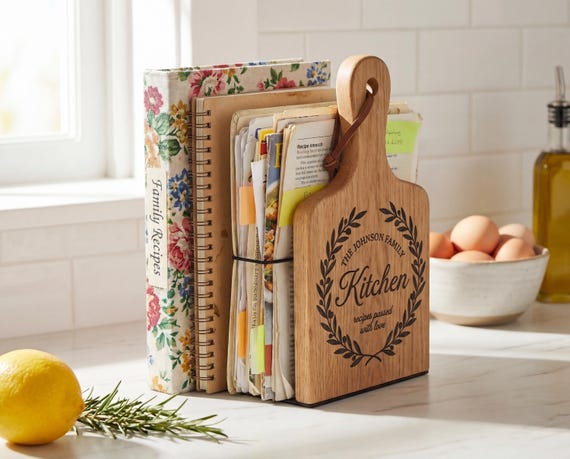 Personalized Engraved Bookends — Kitchen Cookbook Holder, Magnetic Phone Stand, Oak Gift