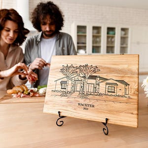 Aangepaste huisschets snijplank, gepersonaliseerd eerste huiscadeau, aandenken makelaar afbeelding 3