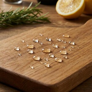 A wooden cutting board with water droplets on it, surrounded by fresh rosemary and a lemon slice.