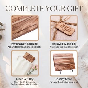 The image is a collage of four photos showcasing different wooden gift items, including a personalized backside, an engraved wood tag, a linen gift bag, and a display stand.