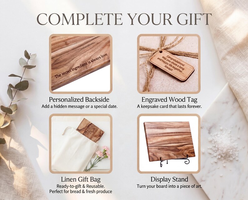 The image is a collage of four photos showcasing different wooden gift items, including a personalized backside, an engraved wood tag, a linen gift bag, and a display stand.