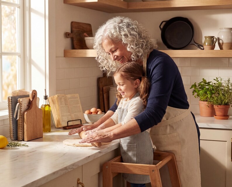 A woman and a young girl are standing in a kitchen, preparing food together. The woman is holding the young girl's hand as they work on a dough or batter, with various kitchen items and ingredients visible in the background.