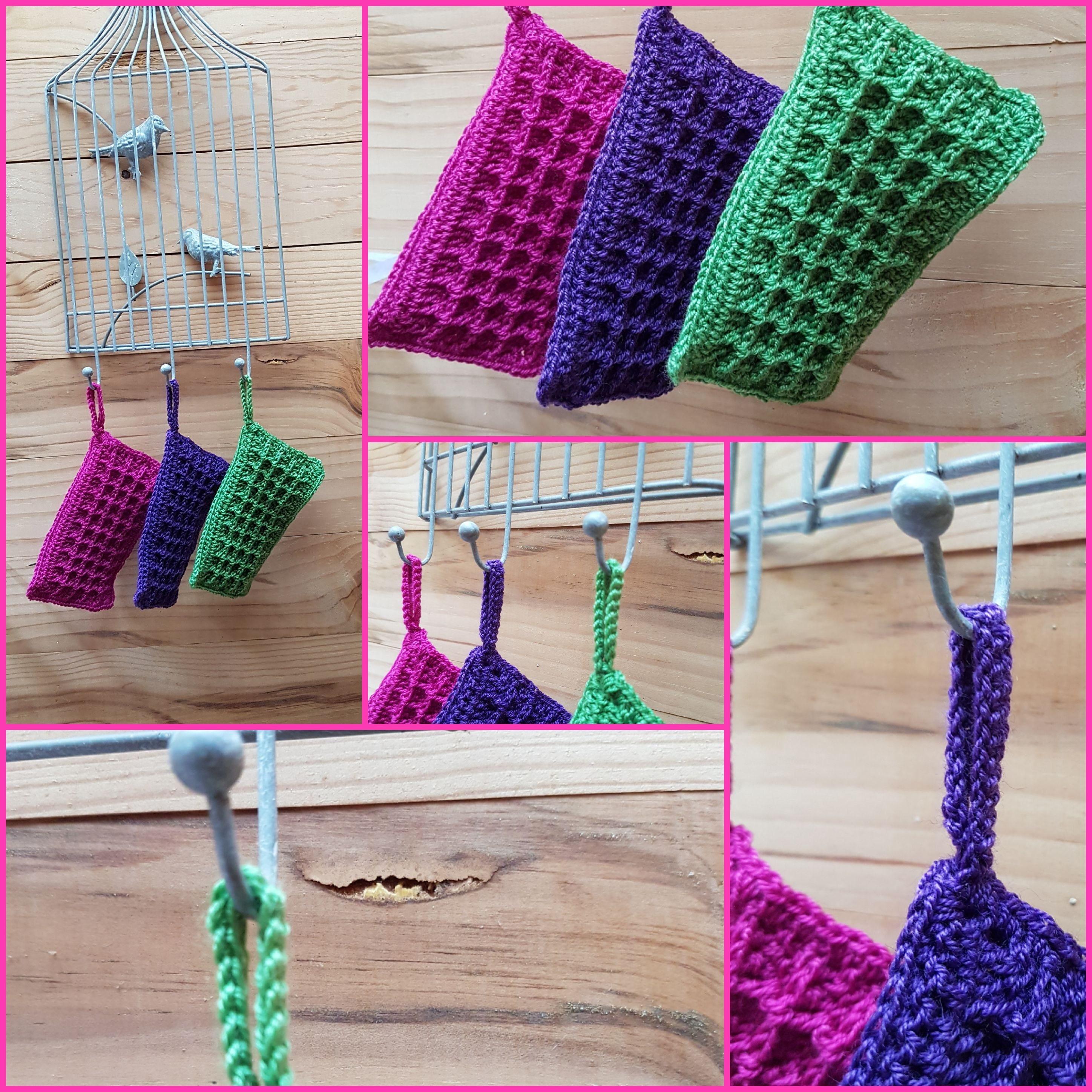 Lot de 3 Tawashis Rectangulaires Double Face | Violet, Vert, Fuchsia