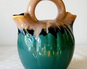 French Vintage Ceramic Water Jug, Emerald Green 1950s Glazed Water Pitcher, Double Spout Top Handle, Vallauris Style, Retro Barware Gift
