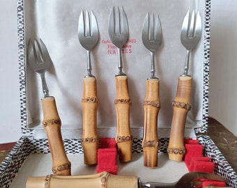 French Vintage Cake Fork Set with Bamboo Handles, 1950s Inox and Wood Dessert Cutlery in Cardboard Box, 12 Pastry Forks