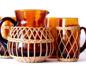 Vintage Brown Glass Lemonade Set: French Wicker Jug & Mugs