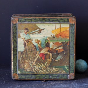 French antique tin box with fishing scene decor, 1930s cookie metal box, old keepsake box, rustic country kitchen style, seaside home decor
