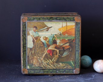 French Antique Tin box, Fisching Scene Decor, Cookie Biscuit Tin Box, 1930s, Decorative, Keepsake Box, Country Home, Retro Kitchen Decor