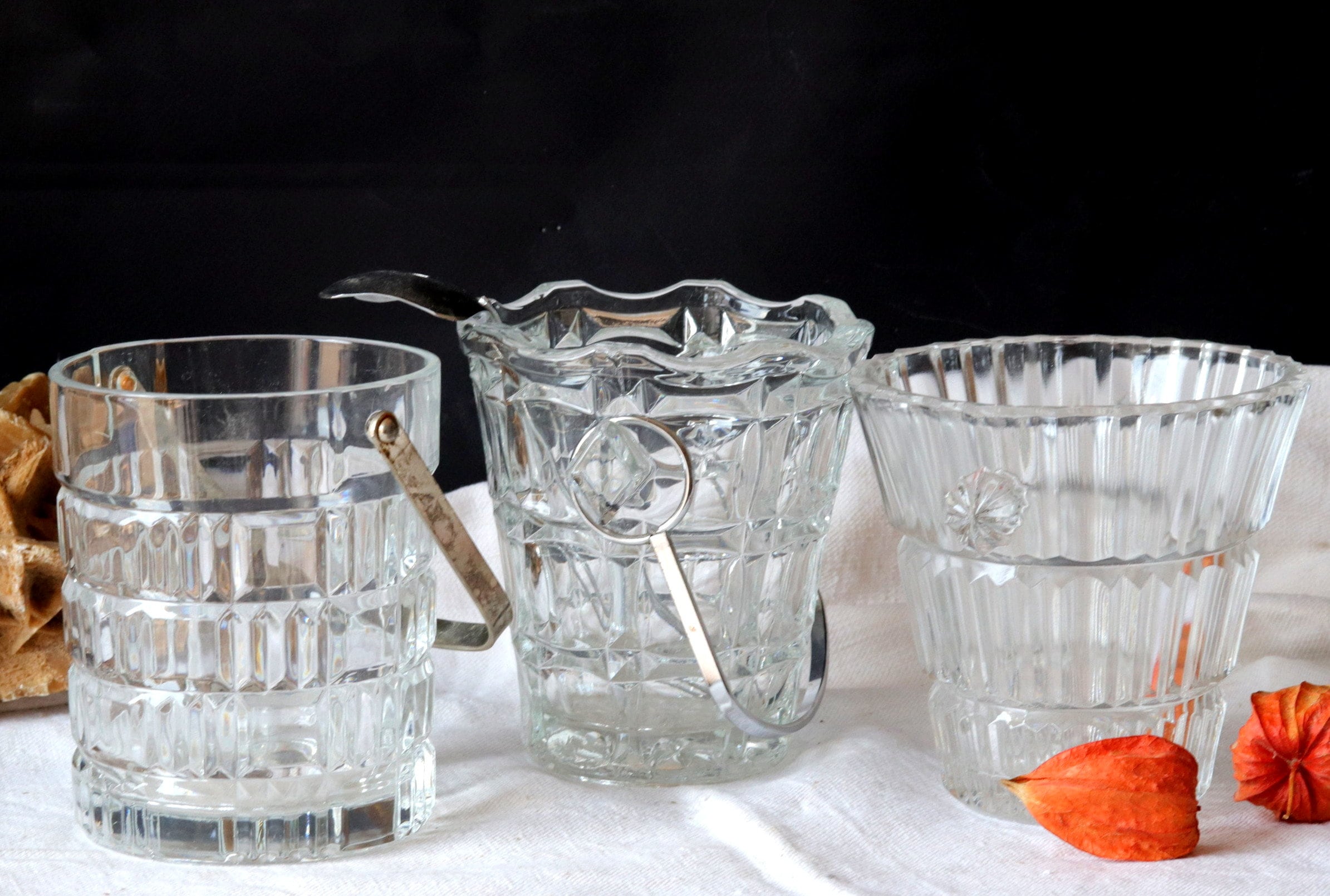 3 Vintage Pressed Glass Ice Buckets With Handles, 1960S Français Barware, Instant Collection, Retro 