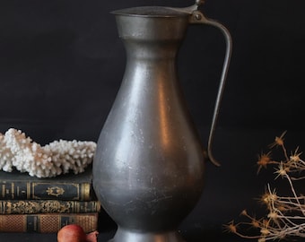 Antique French Pewter Pitcher: Medieval Style Ewer, Acorn Lid, Rustic Vase