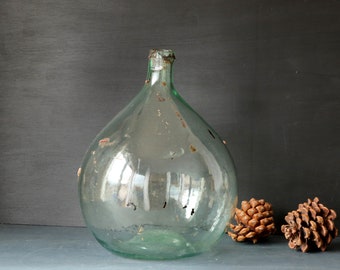 Antique French Demijohn with Glass Incrustation, 19th Century Large Thick Green Glass Large Round Wine Bottle