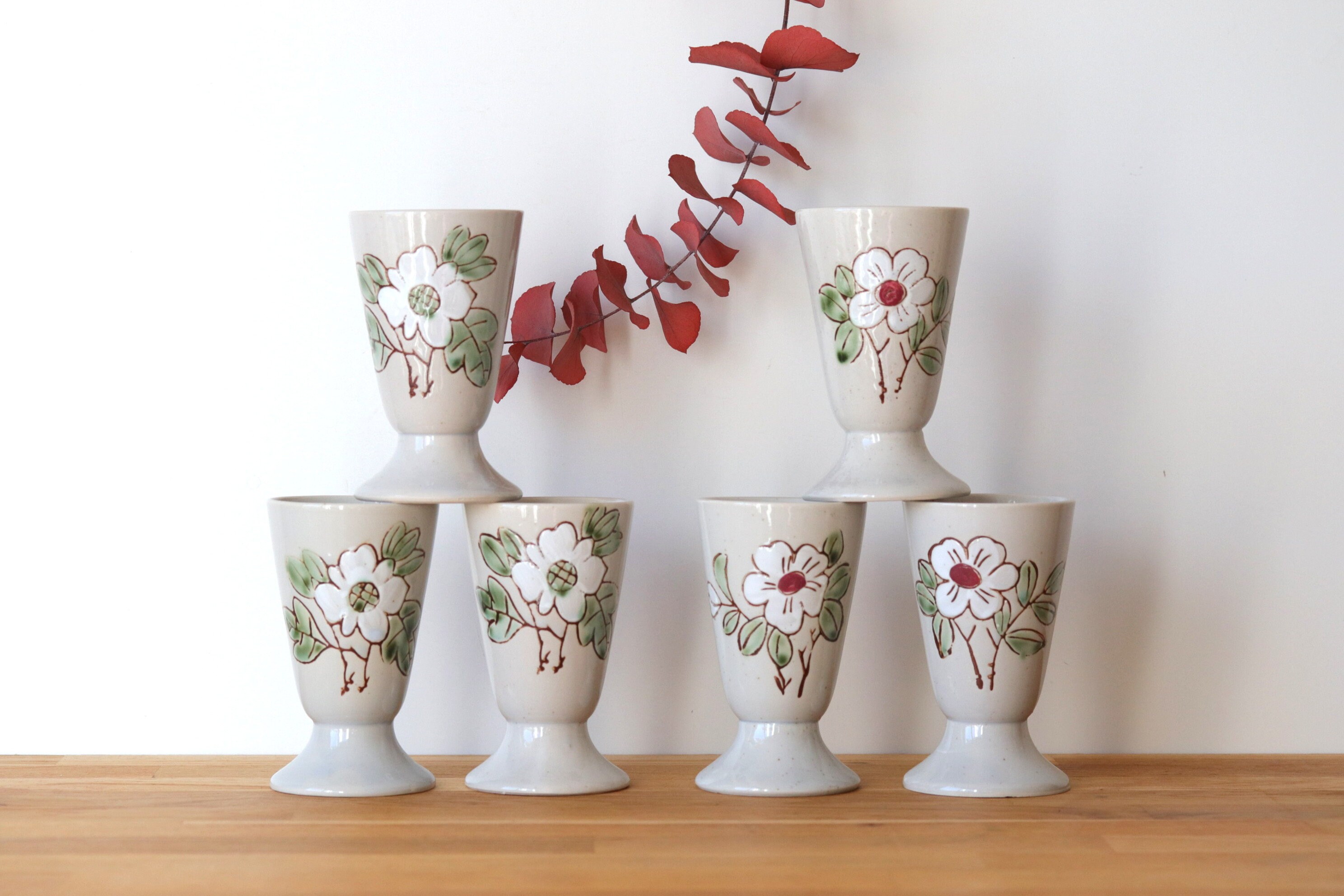 6 Mazagrans Peints à La Main Vintage Au Design Floral, Tasses Café Rustiques Des Années 1970, Gobele