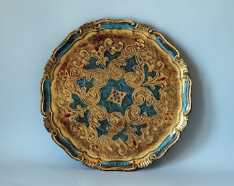 Small Vintage Venetian Tray with Gold and Blue Decor and Scalloped Rim, 1960s Florentine Round Wood Platter in Rococo Style