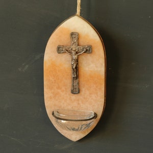 Antique French Pink Marble Holy Water Stoup with Metal Crucifix