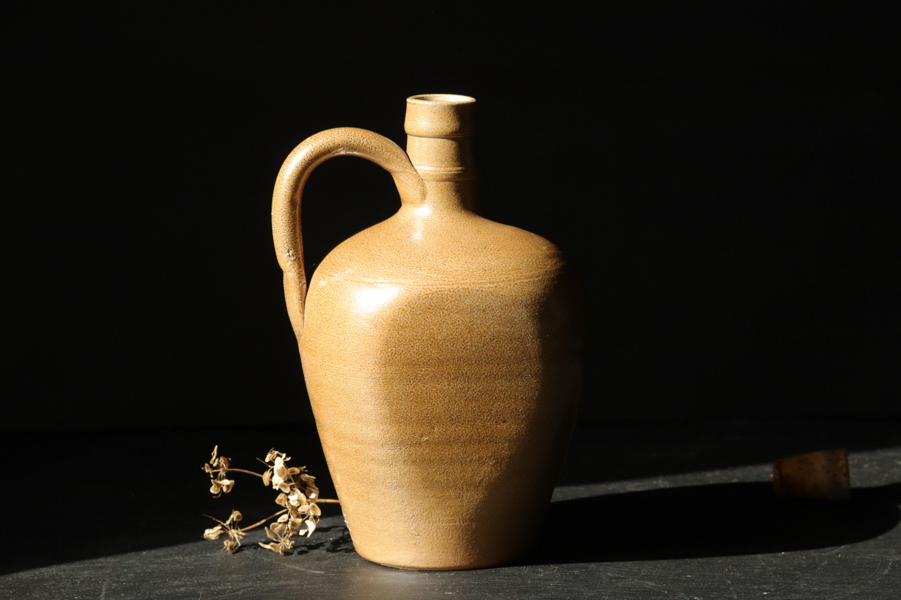 Français Cruche en Grès Vintage, Bouteille Rustique Jetée à La Roue avec Poignée, Poterie Émaillée F