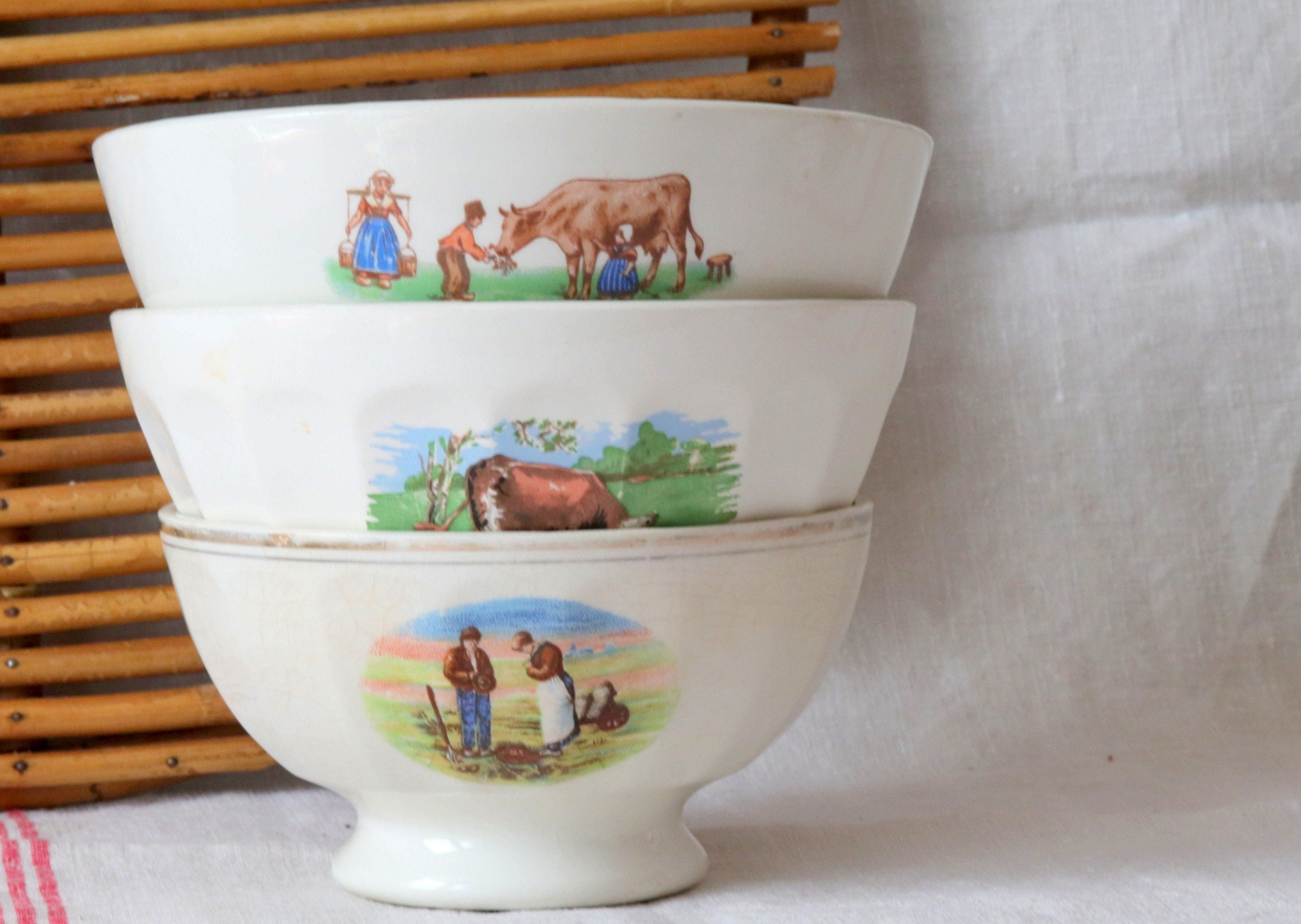 Vintage Français Cafe Au Lait Footed White Bowls Set Of 3, 1950S Children Decor, Rustic, Country Kit