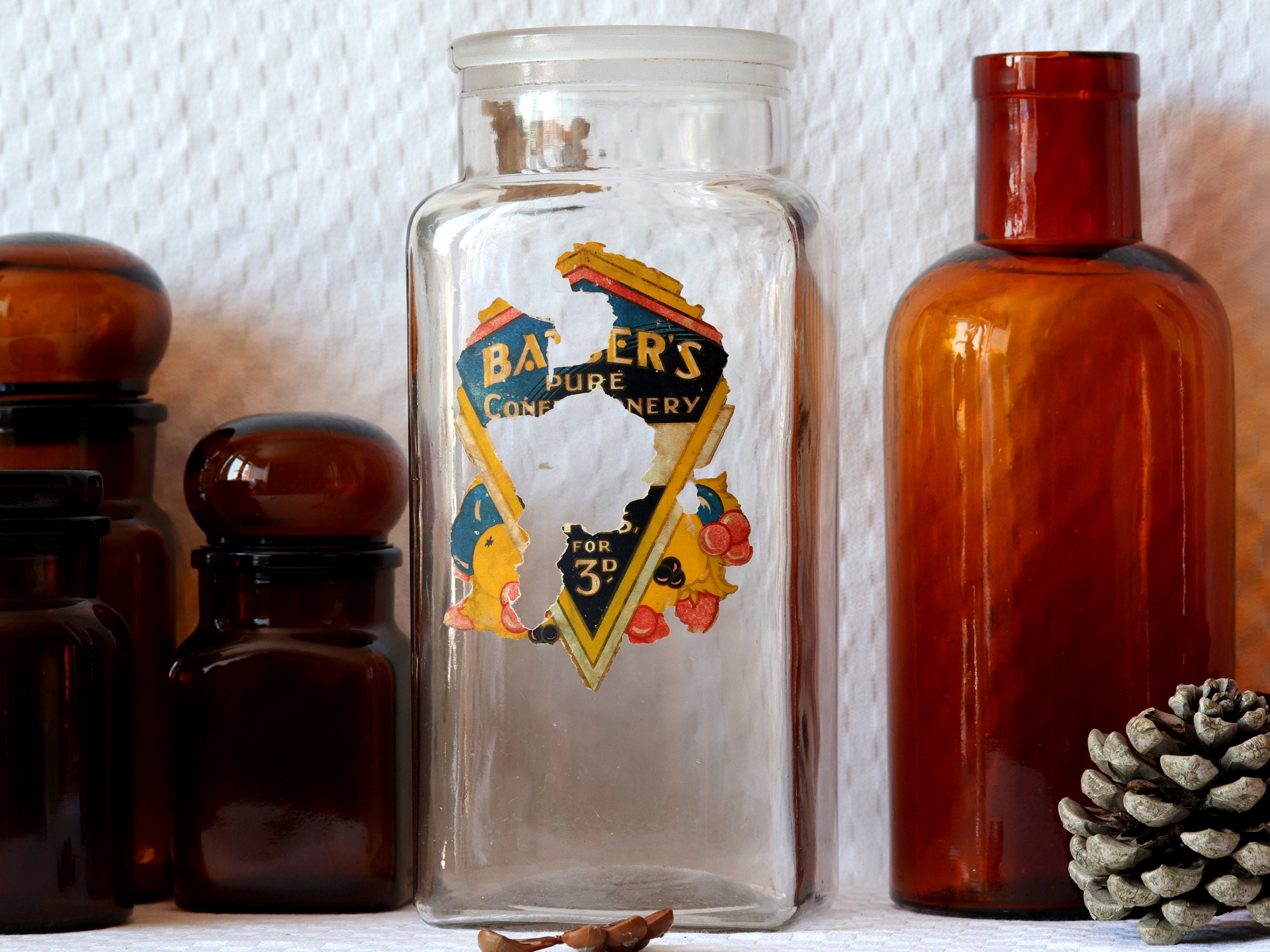 Antique British Confectionery Jar, 1930S Large Candy Timeworn Original Label, Glass Cookie Kitchen D