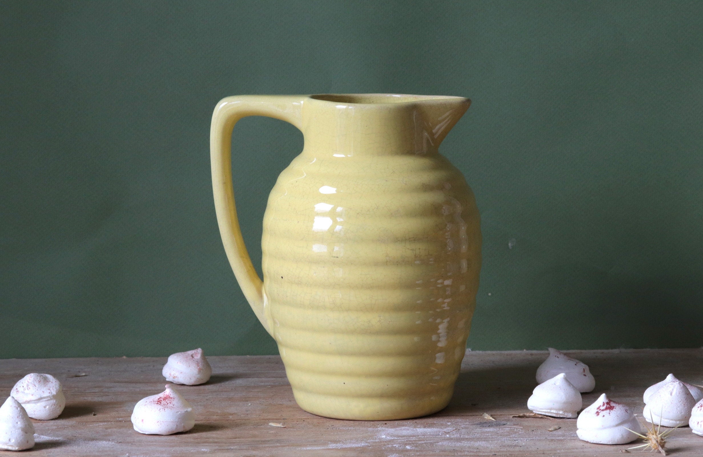 Français Vintage Yellow Jug, 1930S Onnaing Water Pitcher, Fluted, Earthenware, Retro Kitchen Decor, 