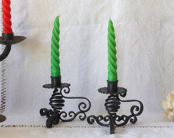 Small Vintage Wrought Iron Candleholders, Spanish Revival Candlesticks, 1950s Metal Swirl Design, French Cottage Decor, Bohemian,Shabby Chic