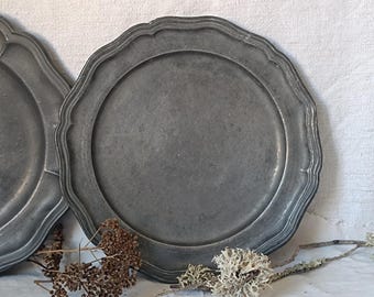 Antique French Pewter Plate: Scalloped Edge, Rustic Home Decor (10.63")