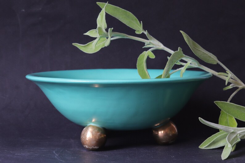 Vintage Turquoise Earthenware Footed Bowl wit Gilded feet, 1950s Czech Ceramic in Hollywood Regency Style image 6