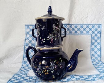 French antique Napoleon III coffeepot with filter, 1850s ink blue handpainted floral decor, dark blue tea pot with Chinoiseries style decor