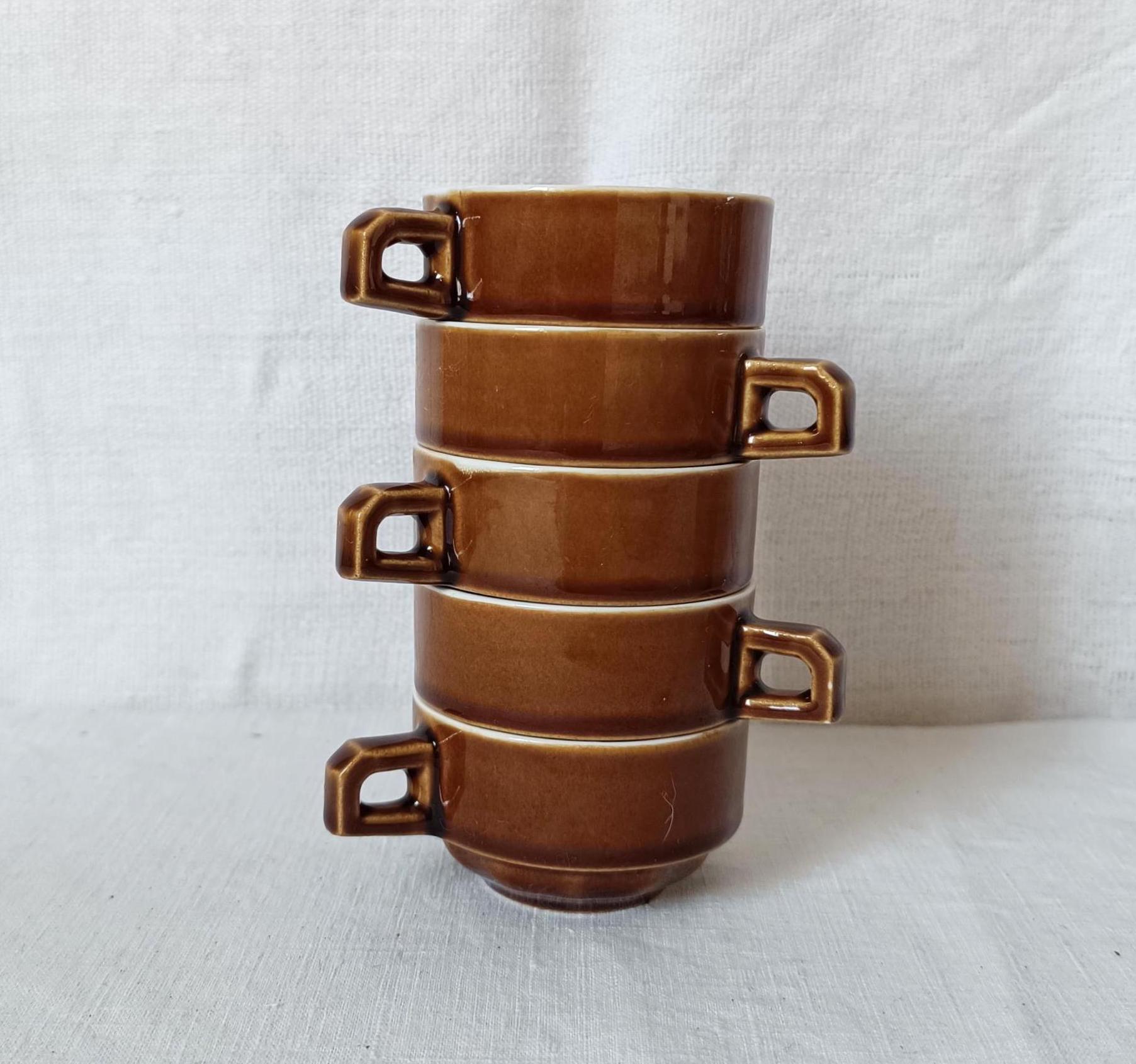 5 French café vintage coffee cups, 1970s brown cups, Parisian cafe style cups