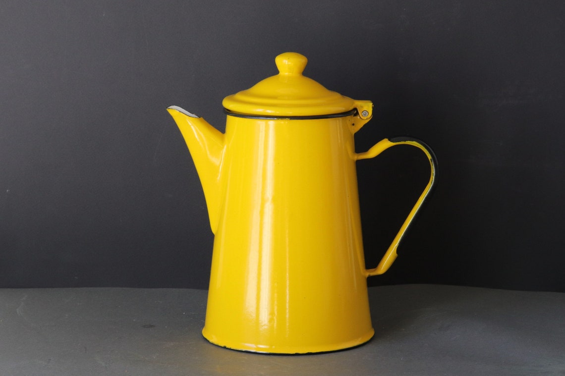 Vintage Enamelware Yellow Coffee Pot 1950s French Kitchenalia Etsy