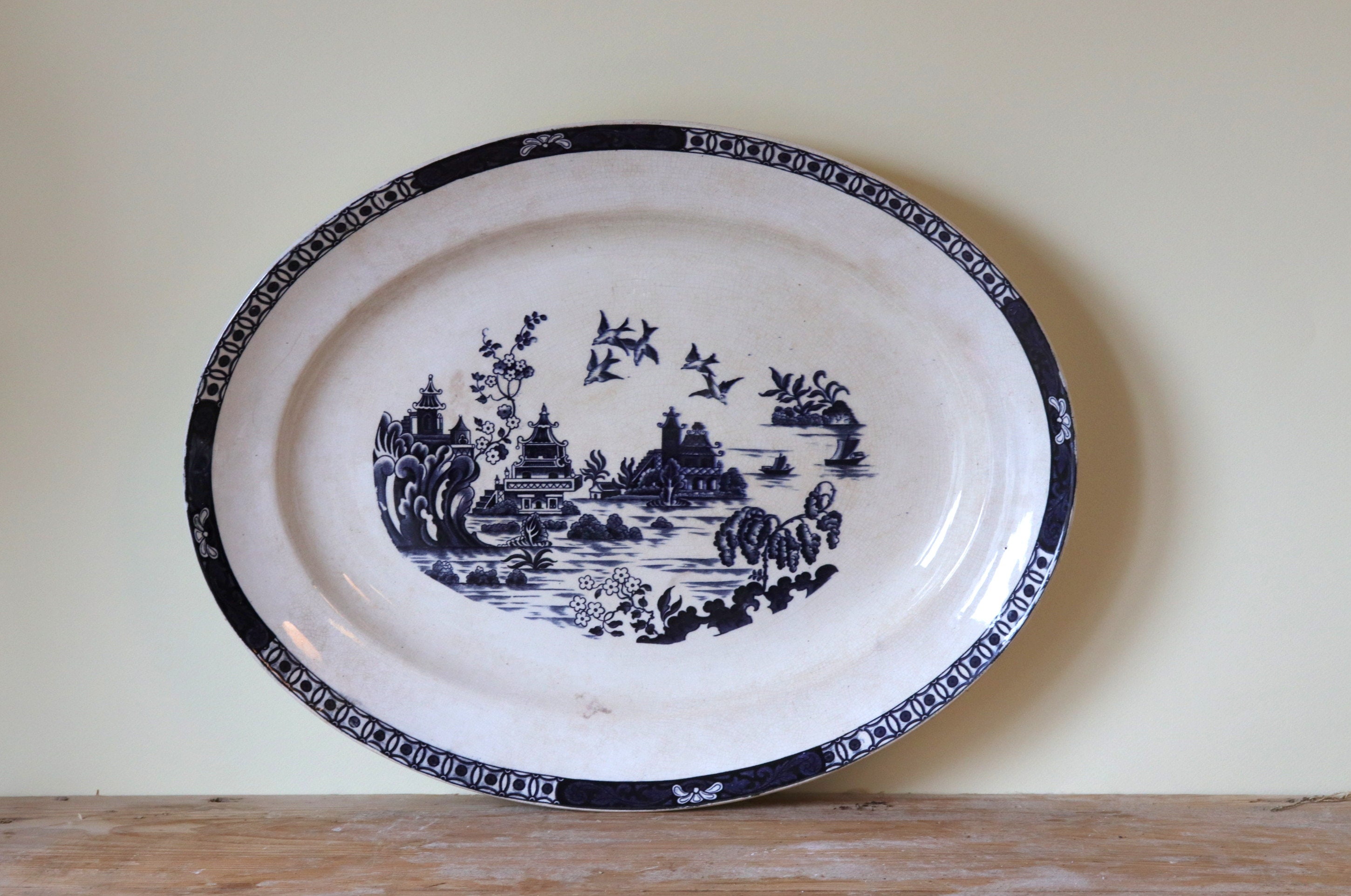 Antique Extra-Large Oval Dish, Myott Angleterre, Pagoda Blue Decor, Turkey Serving Platter, Transfer