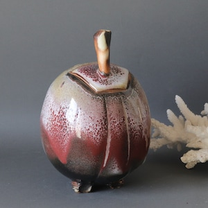 French vintage plum shaped studio pottery, 1970s rustic glazed ceramic pot with lid, primitive style decor,natural inspiration pottery image 1