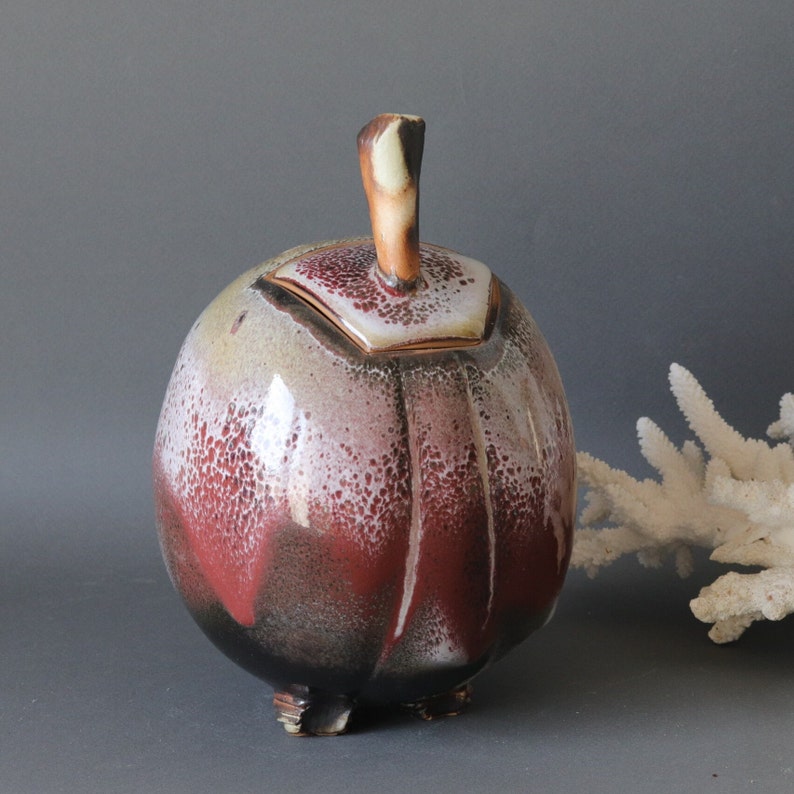 French vintage plum shaped studio pottery, 1970s rustic glazed ceramic pot with lid, primitive style decor,natural inspiration pottery image 1