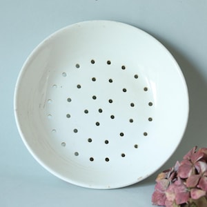 French Vintage White Berry Bowl, Earthenware Fruit Strainer, Rustic Ceramic Colander