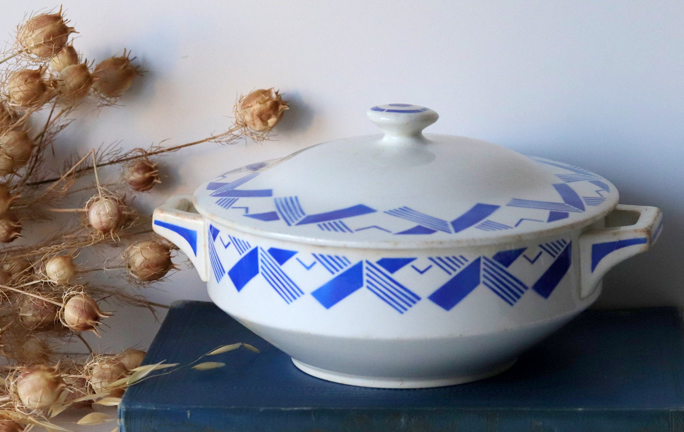 Français Vintage K-G Luneville Petite Soupe Tureen avec Couvercle, 1920 White Ironstone, Blue Art Dé