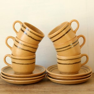 Vintage stoneware coffee Set with spiral decor, 6 DIGOIN & SARREGUEMINES cups and saucers, 1970s rustic beige coffee cup set