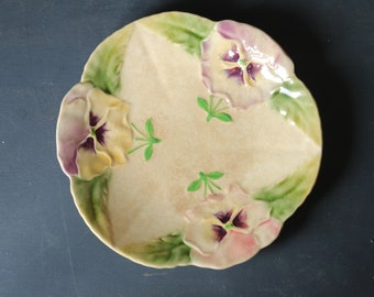 French Antique CHOISY le ROI Dessert Plate with Pansy Flower Decor, Rare 1900s Majolica Decorative Dish, Wall Hanging Plate
