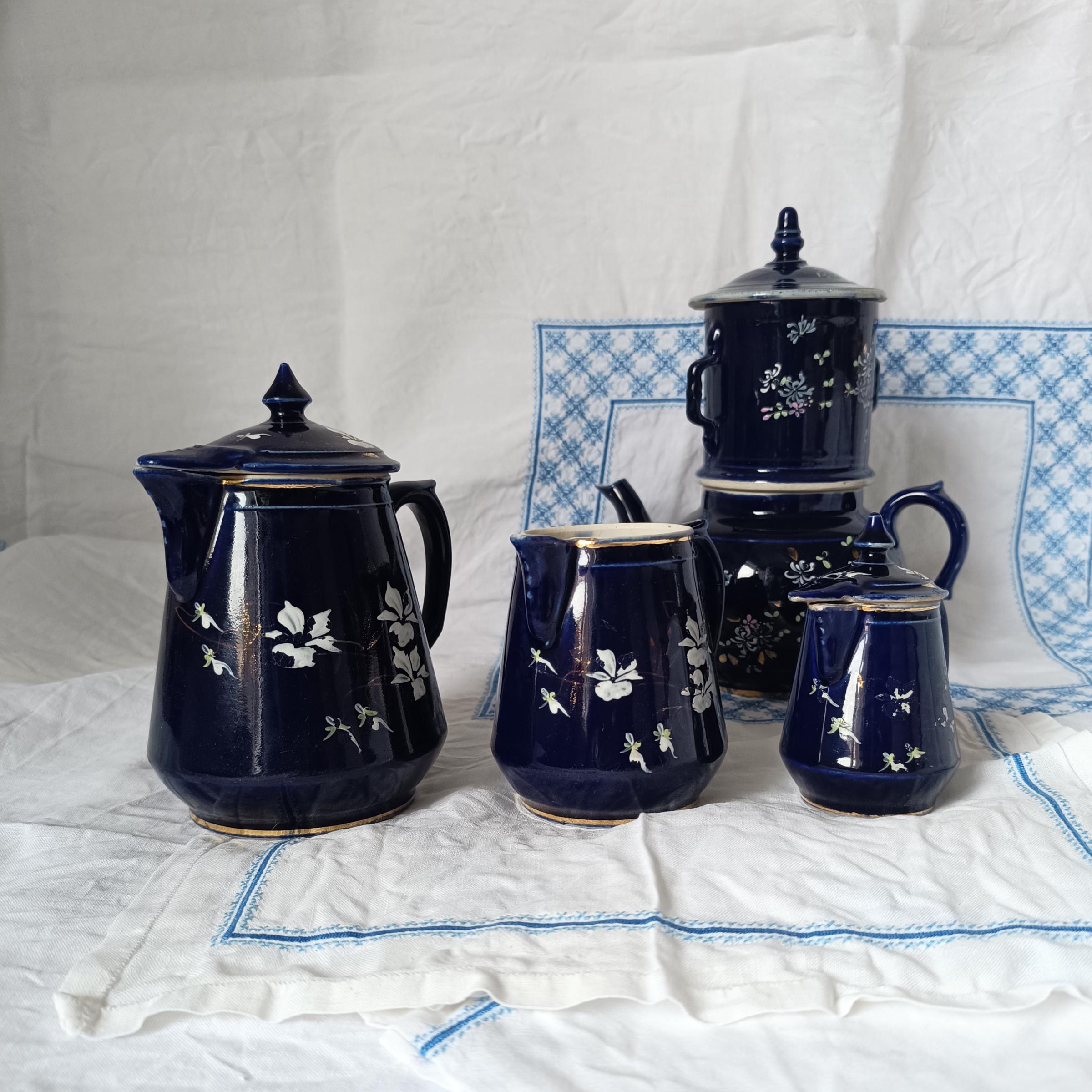 Antique French Cobalt Blue Earthenware Creamers: Napoleon III