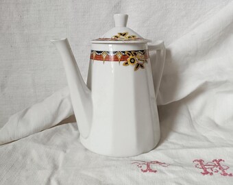 Vintage Art Deco porcelain coffeepot from LIMOGES, 1920s French thermolinite CHAPUS with orange transferware decor