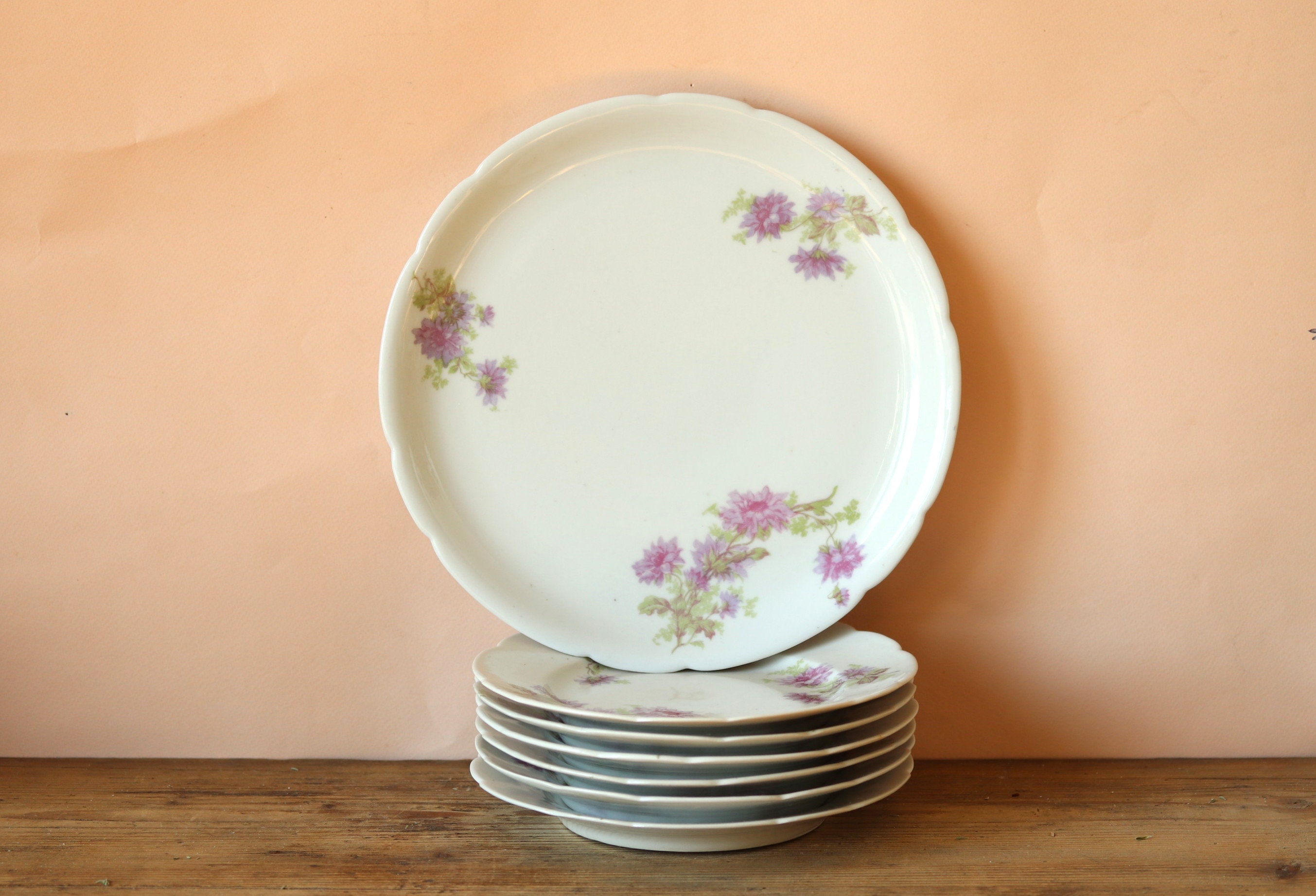 Assiettes à Dessert en Porcelaine Blanche Vintage et Plat Gâteaux avec Décor de Fleurs Violettes Tra