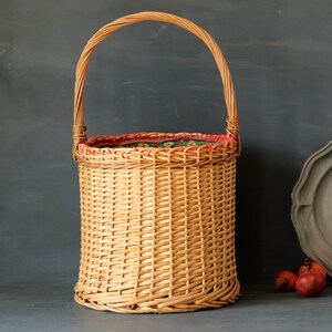 French Vintage Wicker Basket with Green Fabric Lining and Multiple Pockets, Rustic Handwoven Round Workbasket with Handle